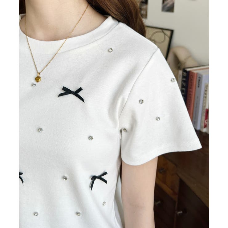 バックハートカットリボンビジュー半袖Tシャツ | moment+ | 詳細画像13 