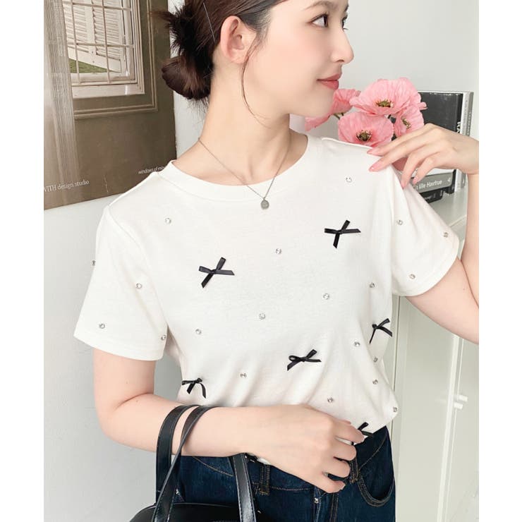 バックハートカットリボンビジュー半袖Tシャツ | moment+ | 詳細画像16 