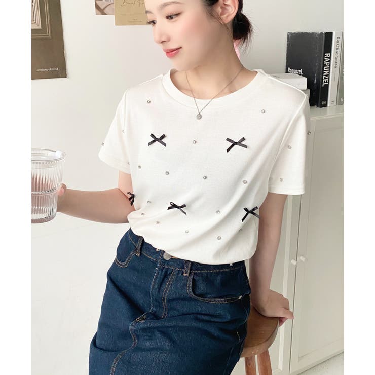 バックハートカットリボンビジュー半袖Tシャツ | moment+ | 詳細画像17 