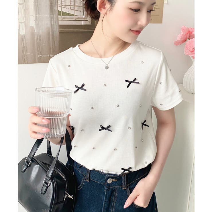 バックハートカットリボンビジュー半袖Tシャツ | moment+ | 詳細画像18 