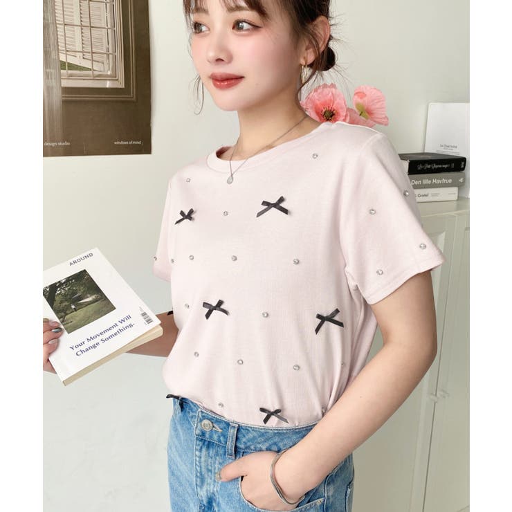 バックハートカットリボンビジュー半袖Tシャツ | moment+ | 詳細画像19 
