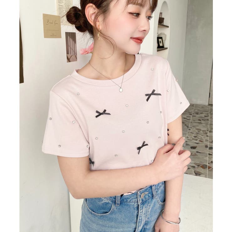 バックハートカットリボンビジュー半袖Tシャツ | moment+ | 詳細画像20 