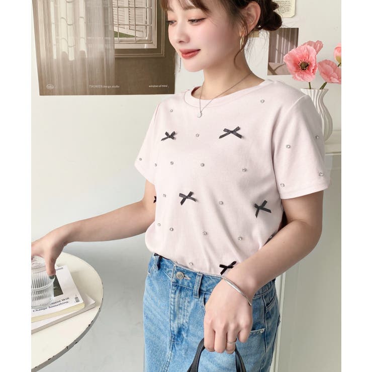 バックハートカットリボンビジュー半袖Tシャツ | moment+ | 詳細画像21 