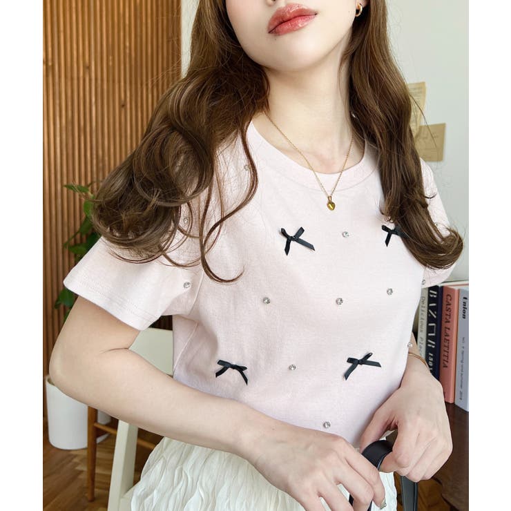 バックハートカットリボンビジュー半袖Tシャツ | moment+ | 詳細画像22 