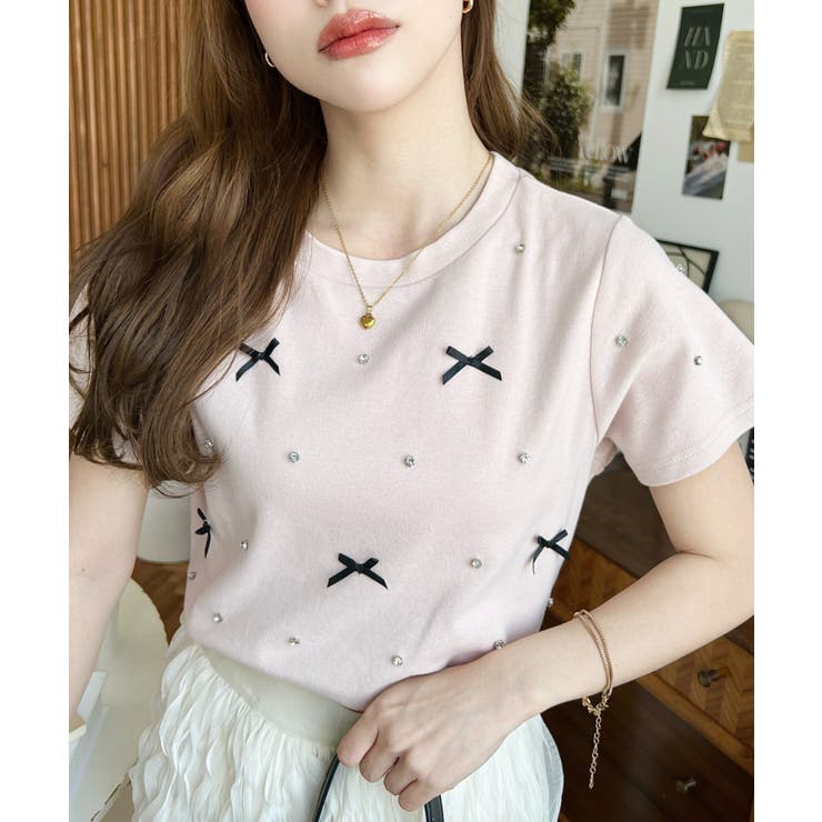 バックハートカットリボンビジュー半袖Tシャツ | moment+ | 詳細画像23 
