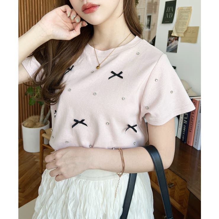 バックハートカットリボンビジュー半袖Tシャツ | moment+ | 詳細画像24 
