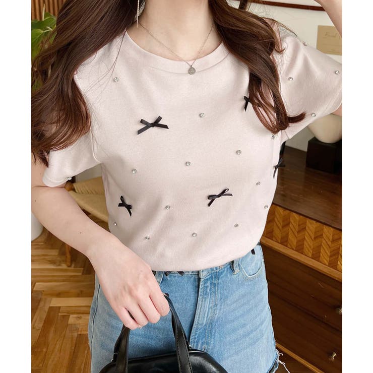 バックハートカットリボンビジュー半袖Tシャツ | moment+ | 詳細画像26 