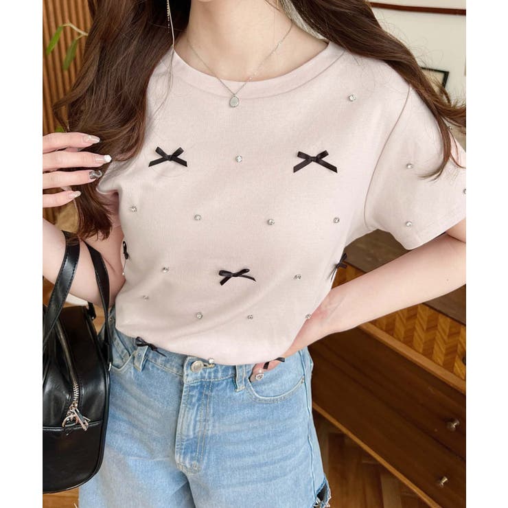 バックハートカットリボンビジュー半袖Tシャツ | moment+ | 詳細画像28 