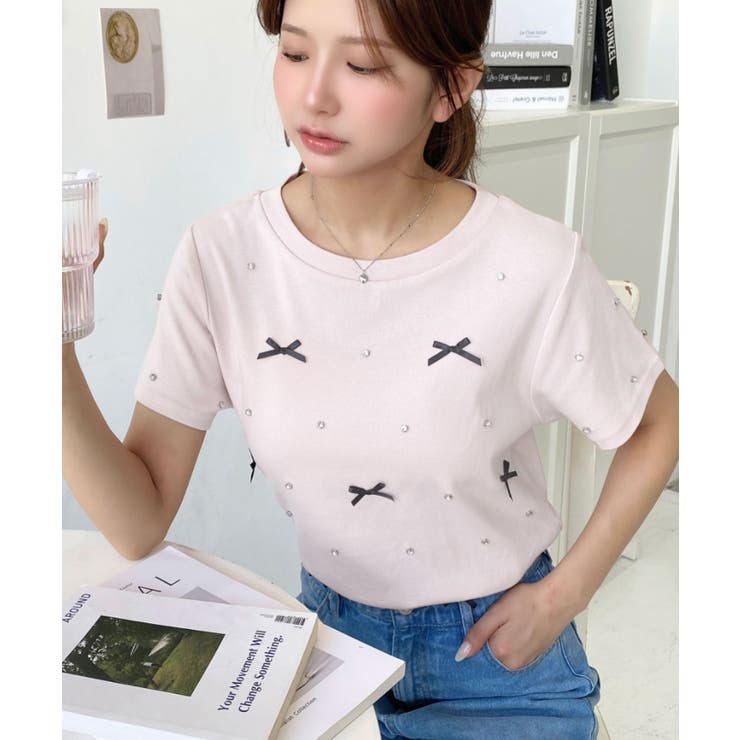 バックハートカットリボンビジュー半袖Tシャツ | moment+ | 詳細画像29 