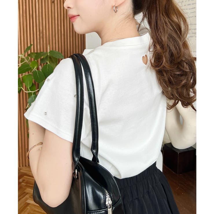 バックハートカットリボンビジュー半袖Tシャツ | moment+ | 詳細画像3 