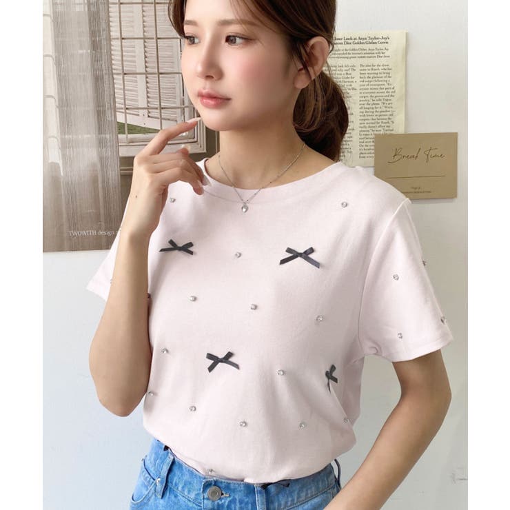バックハートカットリボンビジュー半袖Tシャツ | moment+ | 詳細画像30 