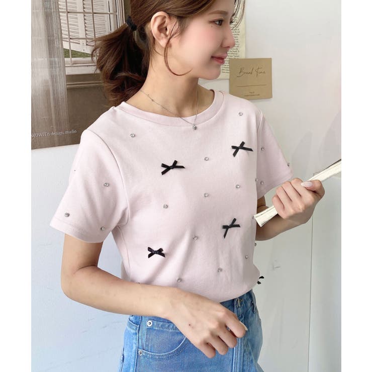 バックハートカットリボンビジュー半袖Tシャツ | moment+ | 詳細画像31 