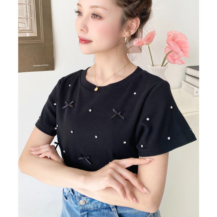 バックハートカットリボンビジュー半袖Tシャツ | moment+ | 詳細画像32 