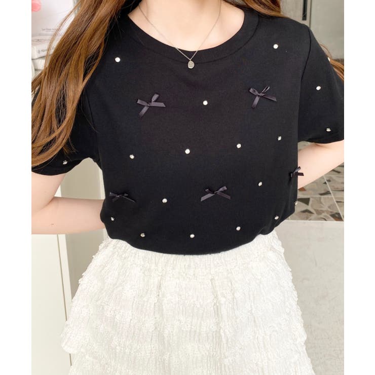 バックハートカットリボンビジュー半袖Tシャツ | moment+ | 詳細画像36 