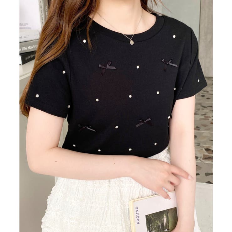 バックハートカットリボンビジュー半袖Tシャツ | moment+ | 詳細画像37 