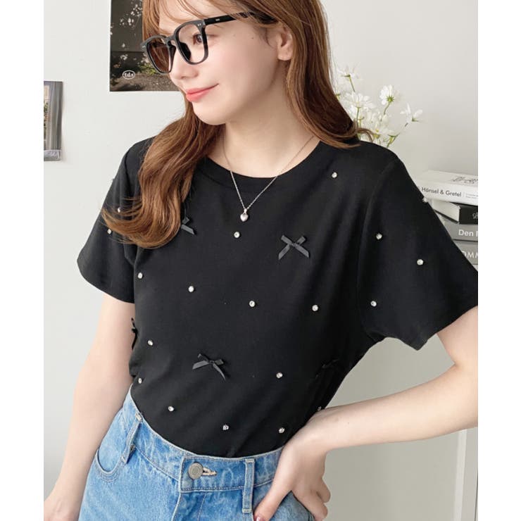 バックハートカットリボンビジュー半袖Tシャツ | moment+ | 詳細画像38 