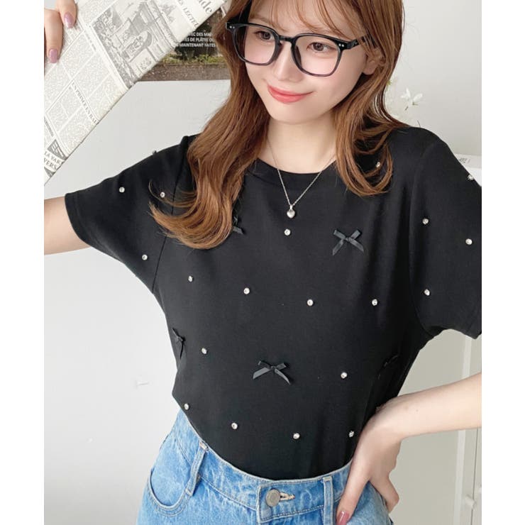 バックハートカットリボンビジュー半袖Tシャツ | moment+ | 詳細画像39 