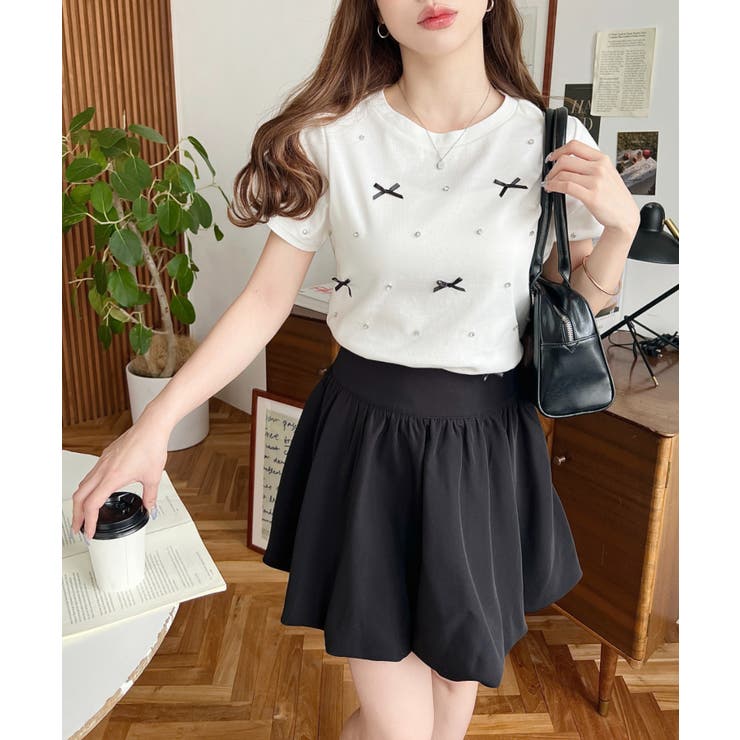 バックハートカットリボンビジュー半袖Tシャツ | moment+ | 詳細画像4 