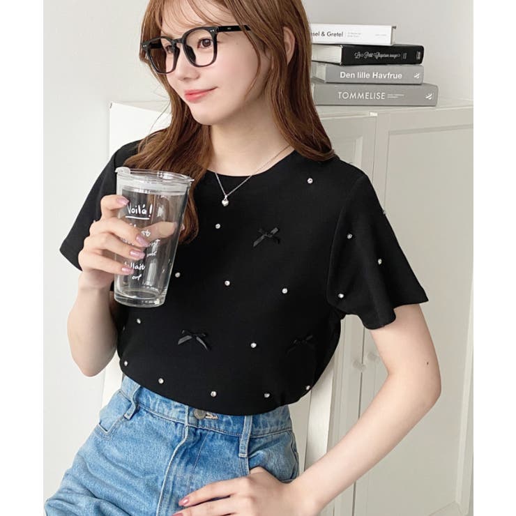 バックハートカットリボンビジュー半袖Tシャツ | moment+ | 詳細画像41 