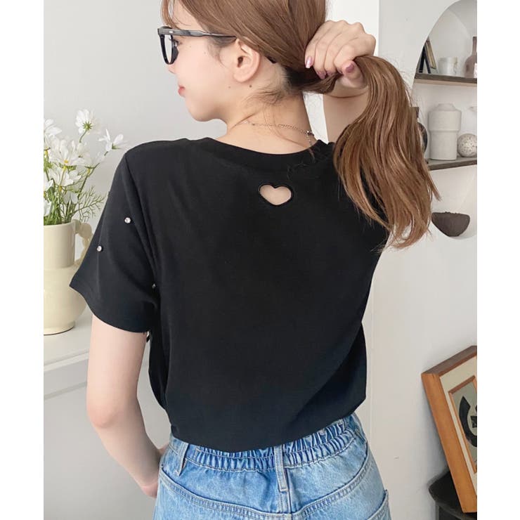 バックハートカットリボンビジュー半袖Tシャツ | moment+ | 詳細画像42 