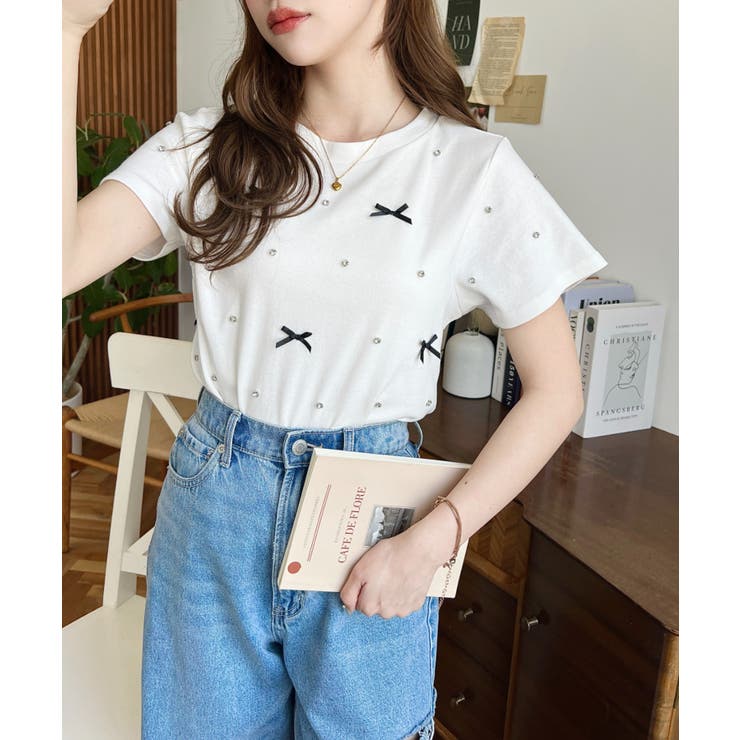 バックハートカットリボンビジュー半袖Tシャツ | moment+ | 詳細画像5 