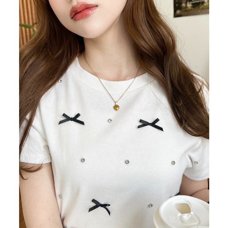 バックハートカットリボンビジュー半袖Tシャツ | moment+ | 詳細画像7 