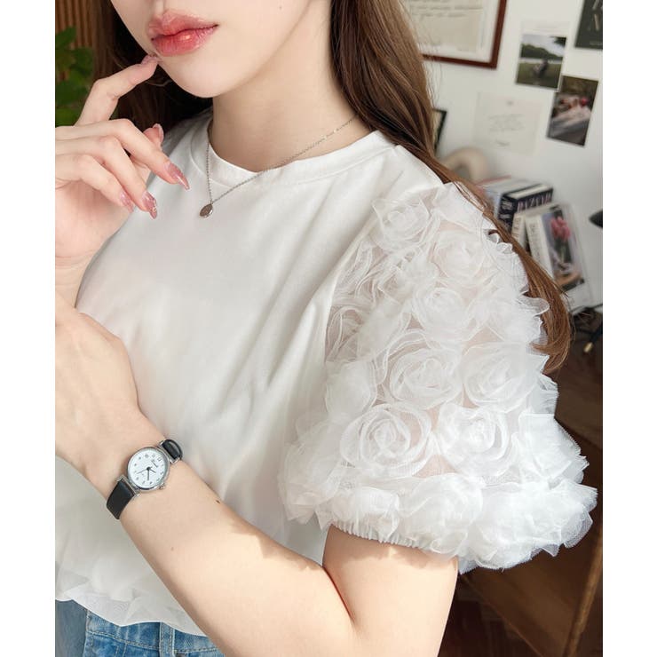 フラワーレースパフスリーブ半袖Tシャツ[品番：ERMW0000178]｜moment+