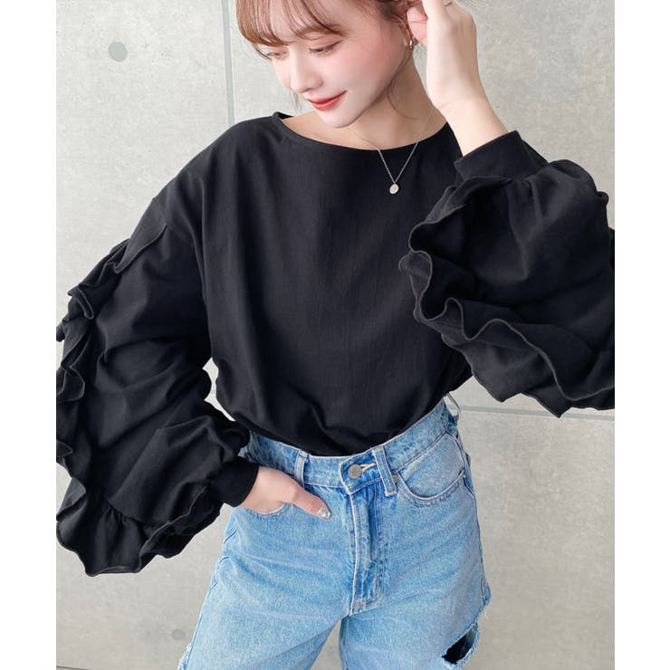  ボリュームフリルスリーブロングTシャツ 綿100%天竺.  | moment+ | 詳細画像10 