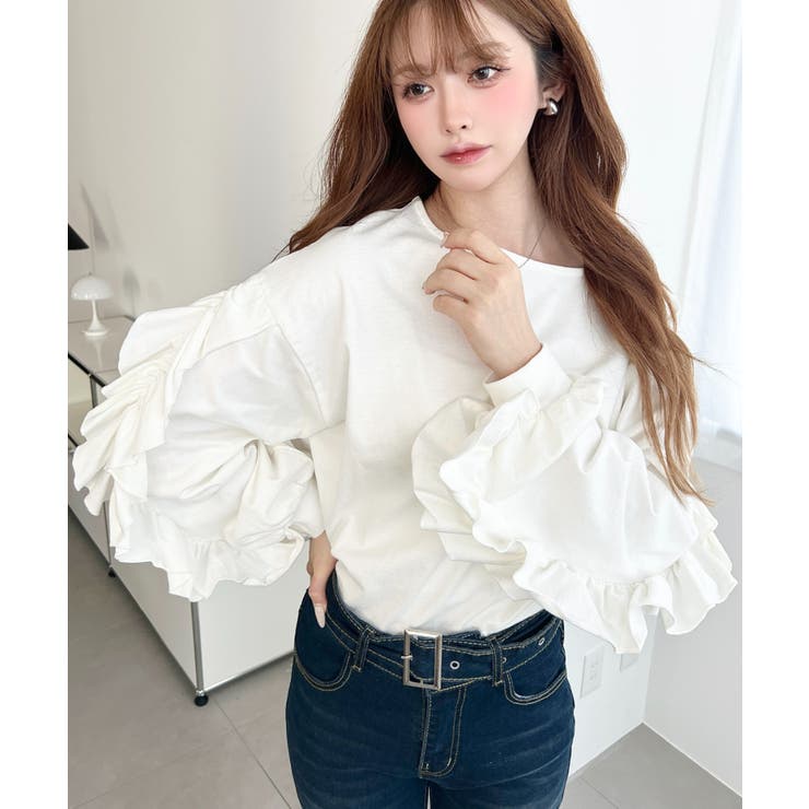  ボリュームフリルスリーブロングTシャツ 綿100%天竺.  | moment+ | 詳細画像4 