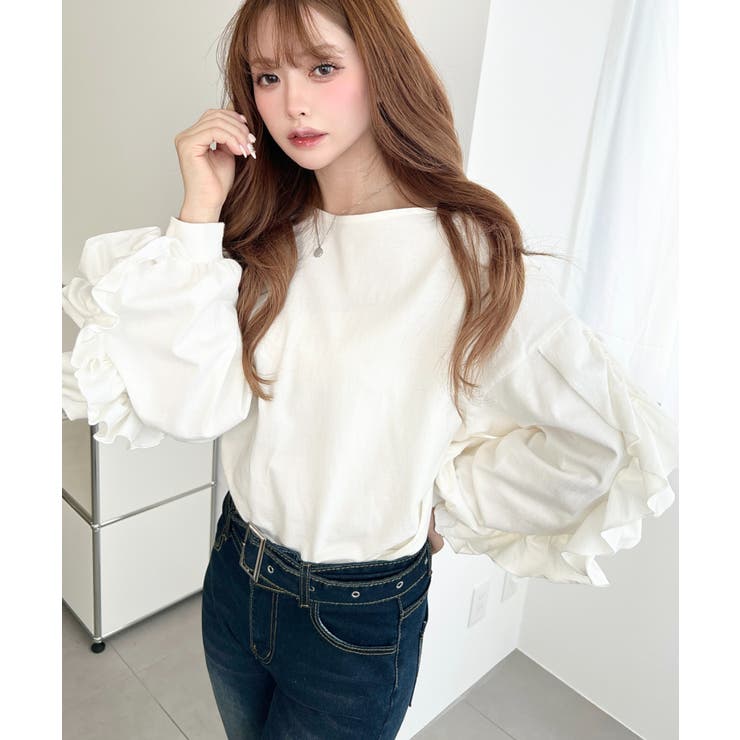  ボリュームフリルスリーブロングTシャツ 綿100%天竺.  | moment+ | 詳細画像5 