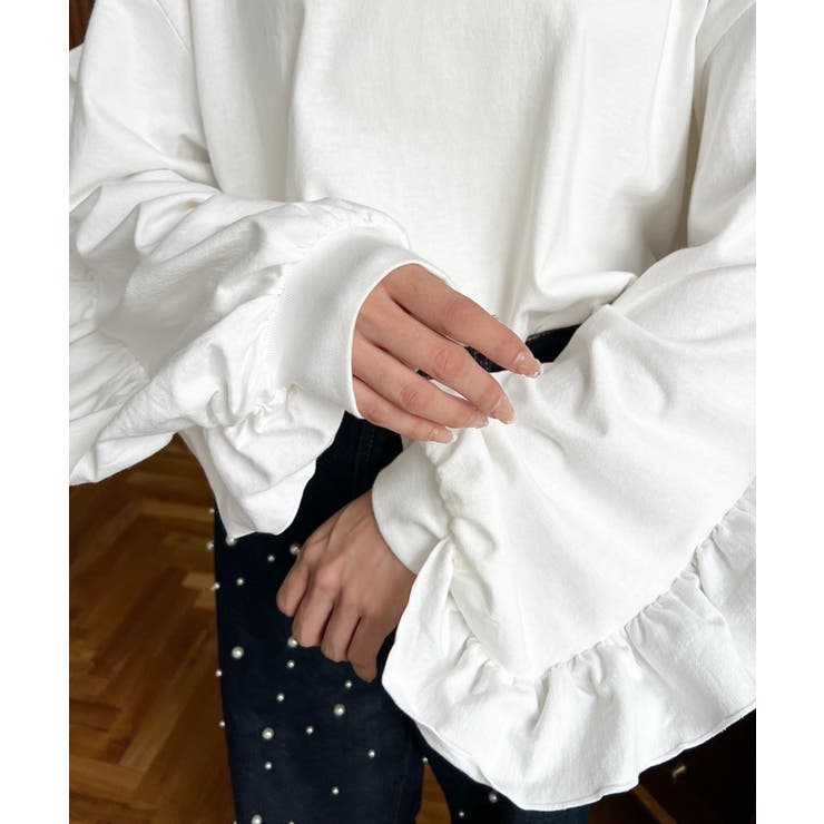  ボリュームフリルスリーブロングTシャツ 綿100%天竺.  | moment+ | 詳細画像7 