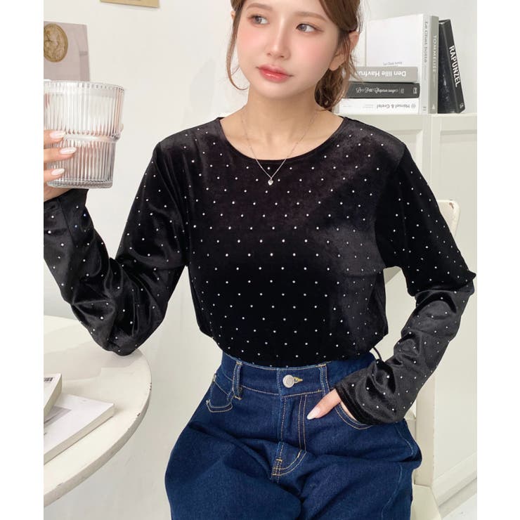 ラインストーンシャイニーベロアトップス[品番：ERMW0004227]｜moment+