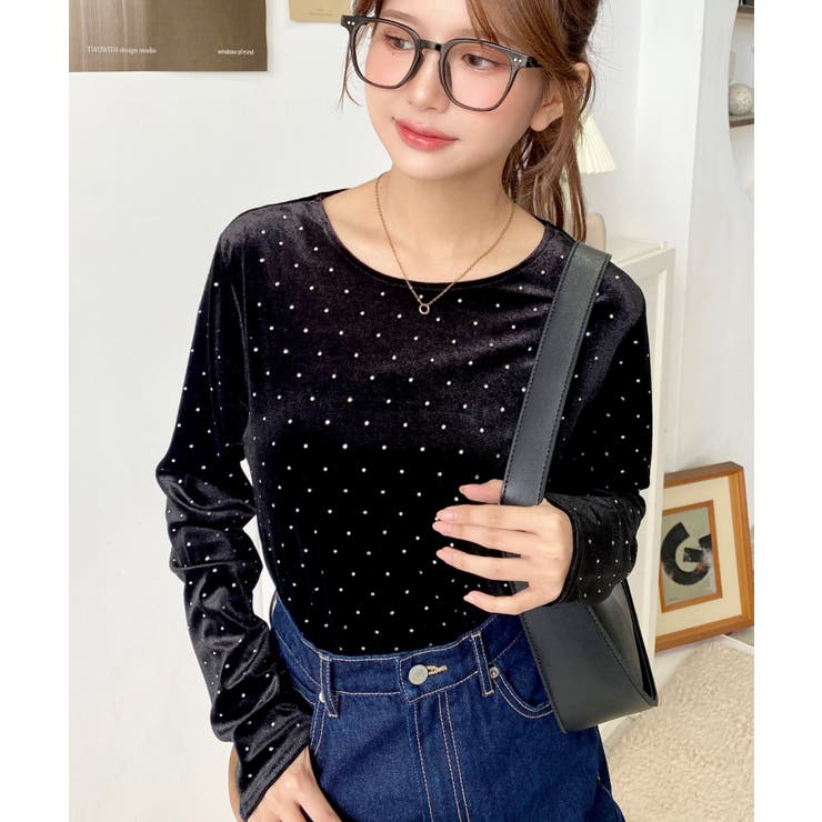 ラインストーンシャイニーベロアトップス[品番：ERMW0004227]｜moment+