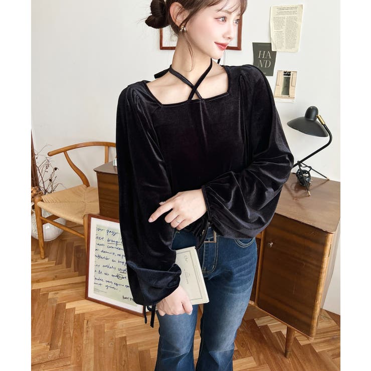 シャイニーベロアスクエアホルターボリュームスリーブプルオーバー | moment+ | 詳細画像27 