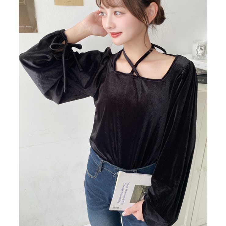 シャイニーベロアスクエアホルターボリュームスリーブプルオーバー | moment+ | 詳細画像36 