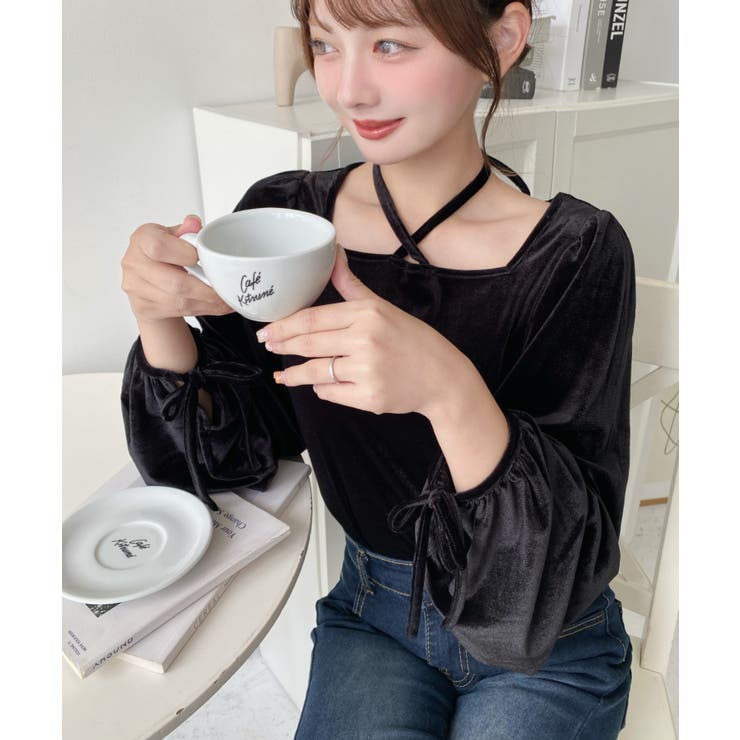 シャイニーベロアスクエアホルターボリュームスリーブプルオーバー | moment+ | 詳細画像38 