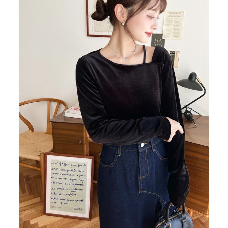 シャイニーベロアアシンメトリーネックトップス | moment+ | 詳細画像12 