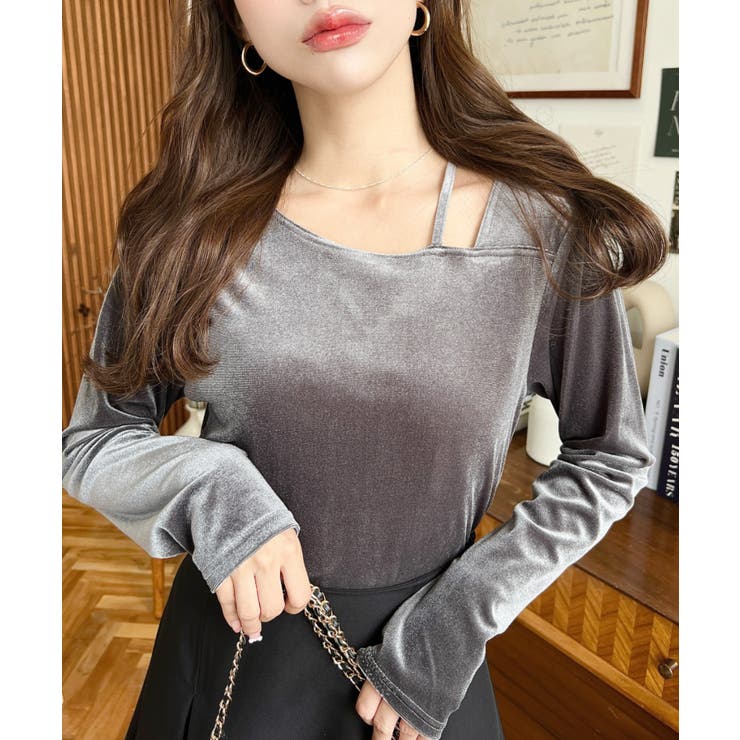 シャイニーベロアアシンメトリーネックトップス | moment+ | 詳細画像26 