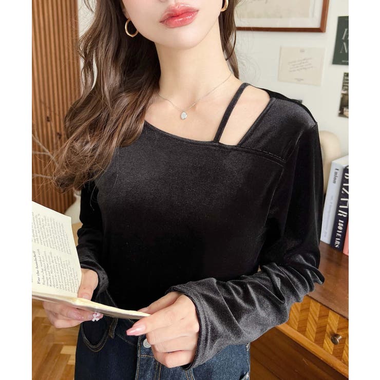 シャイニーベロアアシンメトリーネックトップス | moment+ | 詳細画像3 