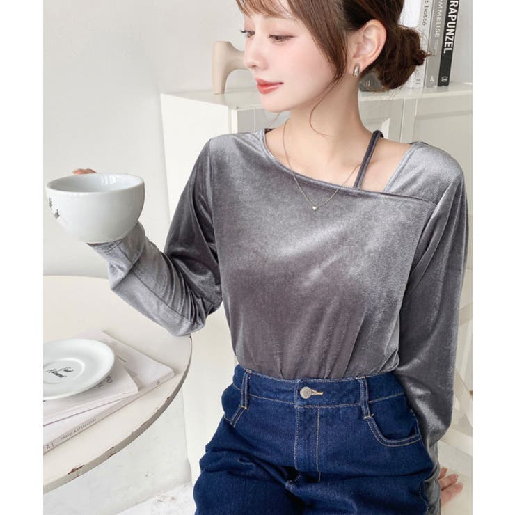 シャイニーベロアアシンメトリーネックトップス | moment+ | 詳細画像33 