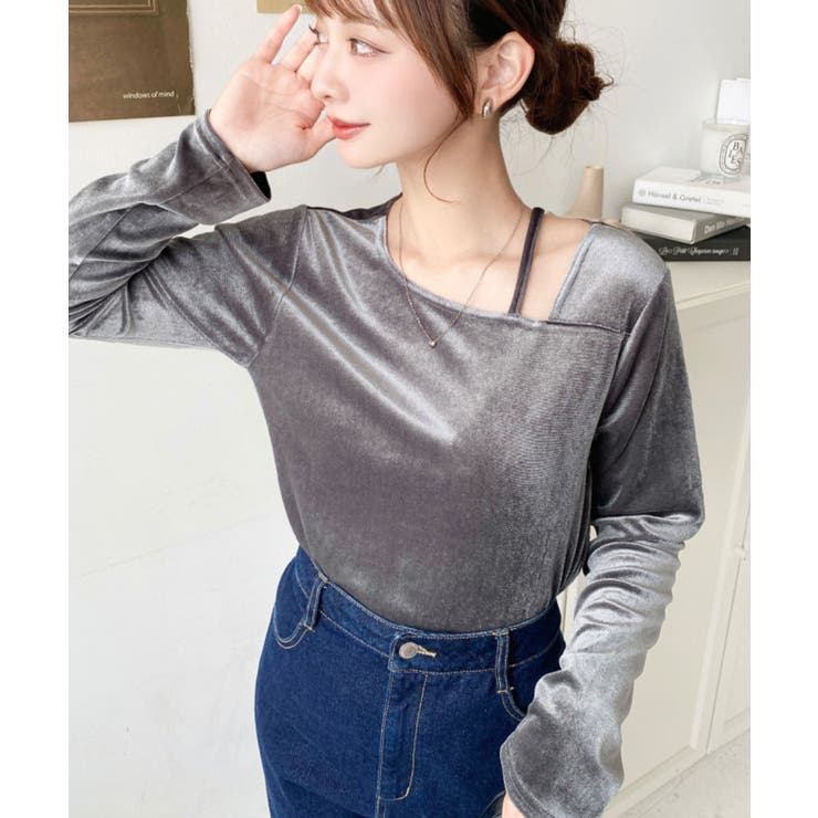 シャイニーベロアアシンメトリーネックトップス | moment+ | 詳細画像34 