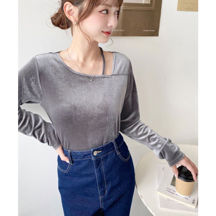 シャイニーベロアアシンメトリーネックトップス | moment+ | 詳細画像35 