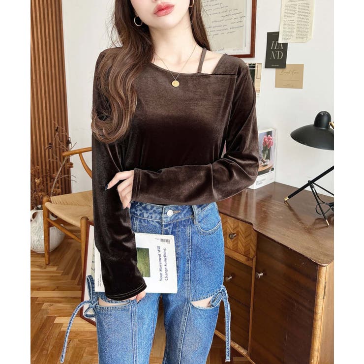 シャイニーベロアアシンメトリーネックトップス | moment+ | 詳細画像43 