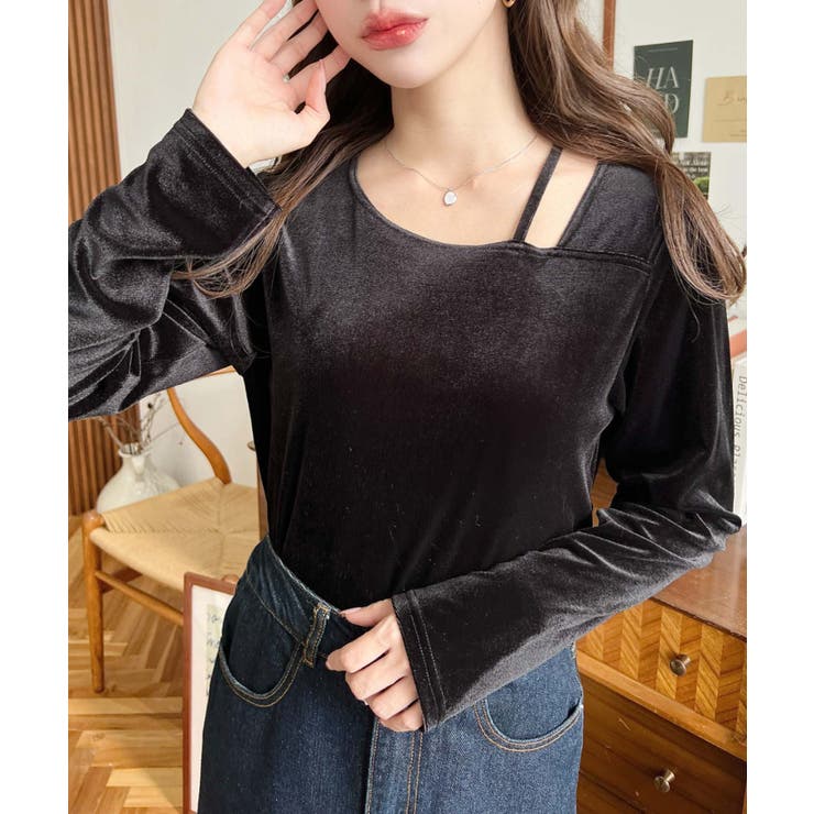 シャイニーベロアアシンメトリーネックトップス | moment+ | 詳細画像5 