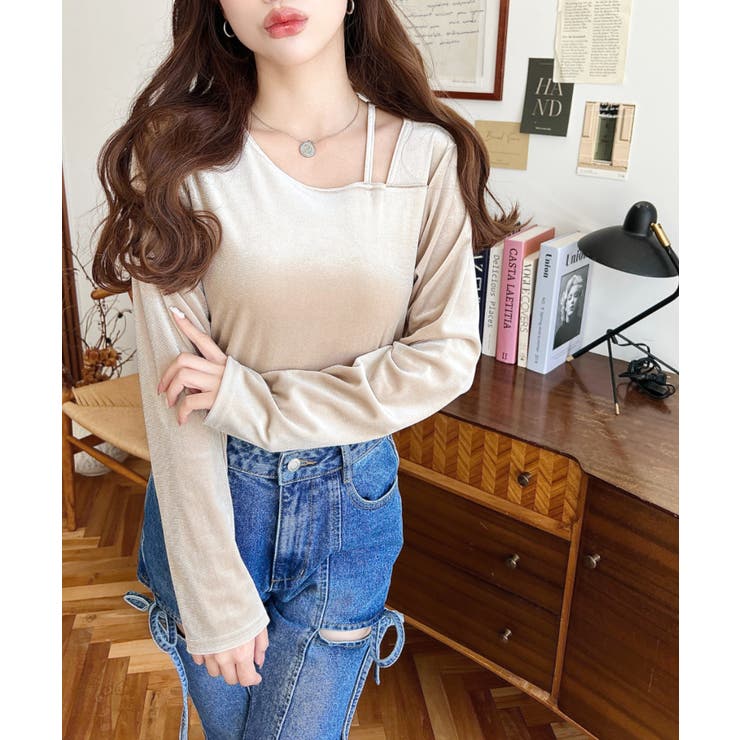 シャイニーベロアアシンメトリーネックトップス | moment+ | 詳細画像50 