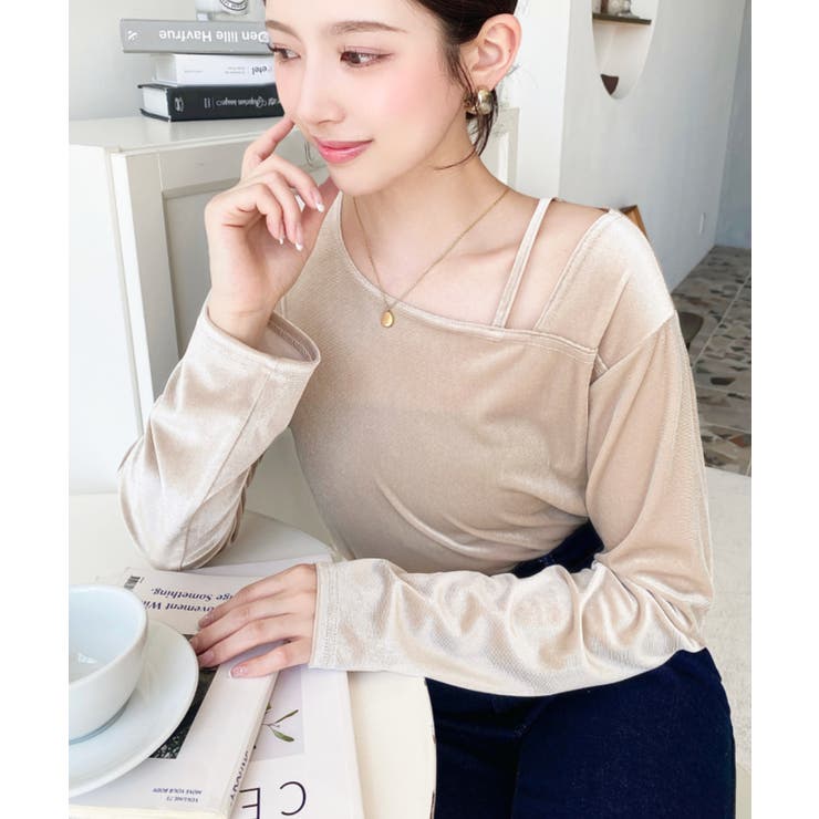 シャイニーベロアアシンメトリーネックトップス | moment+ | 詳細画像55 