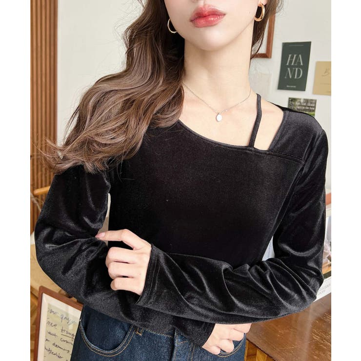 シャイニーベロアアシンメトリーネックトップス | moment+ | 詳細画像6 