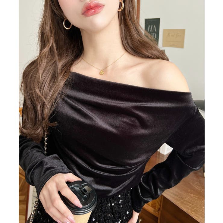 オフショルドレープシャイニーベロアプルオーバー(ドレープネック ドレープカットソ… | moment+ | 詳細画像2 