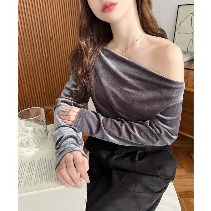 オフショルドレープシャイニーベロアプルオーバー(ドレープネック ドレープカットソ… | moment+ | 詳細画像24 