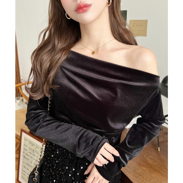 オフショルドレープシャイニーベロアプルオーバー(ドレープネック ドレープカットソ… | moment+ | 詳細画像4 